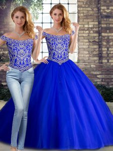 Off The Shoulder Sleeveless Tulle Quinceanera Gown Beading Brush Train Lace Up