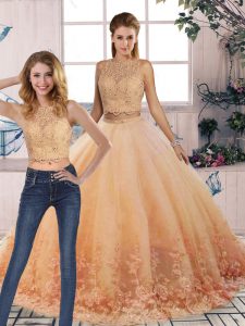 Sweep Train Two Pieces Vestidos de Quinceanera Peach Scalloped Tulle Sleeveless Backless