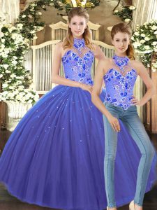 Flare Blue Halter Top Lace Up Embroidery 15 Quinceanera Dress Sleeveless
