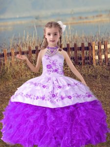 Lavender Organza Lace Up Little Girls Pageant Dress Wholesale Sleeveless Floor Length Beading and Embroidery and Ruffles
