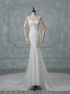 Court Train Mermaid Wedding Dress White Spaghetti Straps Lace Sleeveless Backless