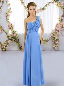 Blue One Shoulder Lace Up Hand Made Flower Bridesmaid Dress Sleeveless