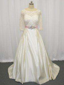 Custom Designed Taffeta Half Sleeves Wedding Dress Brush Train and Beading and Lace