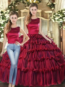 Wine Red Two Pieces Scoop Sleeveless Organza Floor Length Lace Up Ruffled Layers Sweet 16 Dress
