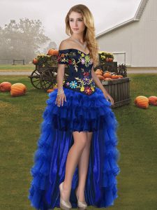 Sweet Royal Blue Lace Up Off The Shoulder Embroidery and Ruffled Layers Organza Sleeveless