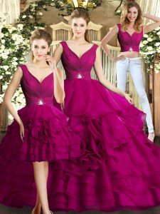 Fuchsia Sleeveless Organza Backless Quince Ball Gowns for Military Ball and Sweet 16 and Quinceanera