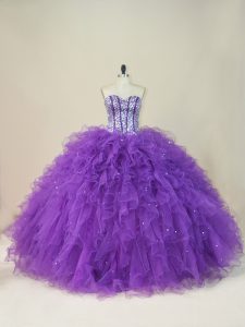 Purple Sleeveless Floor Length Beading and Ruffles Lace Up Quinceanera Gown