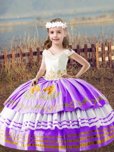 Unique Floor Length Lavender Pageant Dress Toddler Off The Shoulder Sleeveless Lace Up
