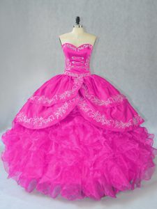 Fuchsia Organza Lace Up Sweetheart Sleeveless Floor Length Quinceanera Dress Embroidery and Ruffles
