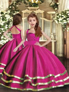 Customized Straps Sleeveless Child Pageant Dress Floor Length Ruffled Layers and Ruching Fuchsia Organza