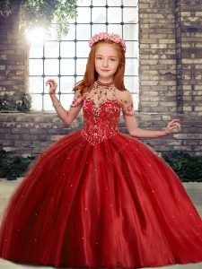 Admirable Floor Length Red Pageant Gowns High-neck Sleeveless Lace Up
