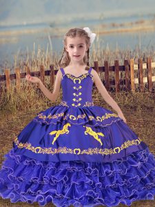 Blue Organza Lace Up Little Girls Pageant Dress Sleeveless Floor Length Beading and Embroidery and Ruffled Layers