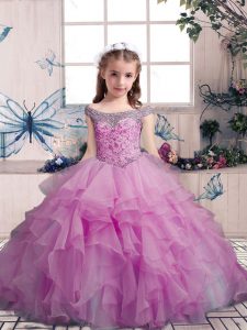 Lilac Sleeveless Organza Lace Up Little Girl Pageant Gowns for Party and Sweet 16 and Wedding Party
