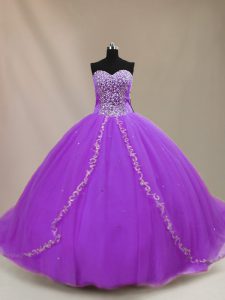 Purple Sleeveless Court Train Beading Quinceanera Dresses