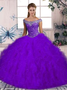 Purple Quinceanera Gowns Tulle Brush Train Sleeveless Beading and Ruffles