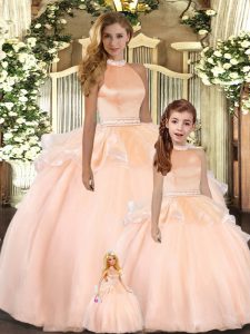 Peach Quinceanera Gowns Sweet 16 and Quinceanera with Beading Halter Top Sleeveless Backless