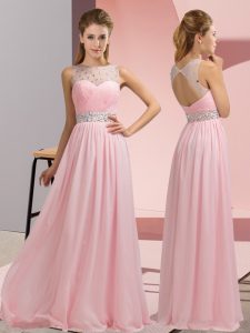 Sleeveless Floor Length Beading Backless Prom Gown with Baby Pink