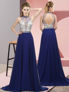 Empire Sleeveless Royal Blue Prom Dresses Brush Train Backless