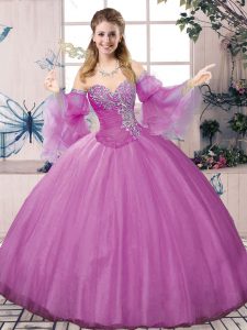 Luxury Lilac Tulle Lace Up Quinceanera Dresses Sleeveless Floor Length Beading