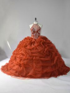 Glamorous Lace Up 15 Quinceanera Dress Brown for Sweet 16 and Quinceanera with Beading and Pick Ups Court Train
