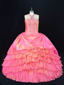 Graceful Rose Pink Sleeveless Floor Length Beading and Ruffled Layers Lace Up Quinceanera Gown