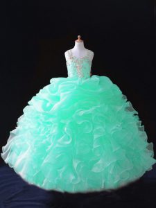 Floor Length Apple Green Little Girl Pageant Gowns Organza Sleeveless Beading and Ruffles and Pick Ups