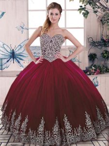Sleeveless Tulle Floor Length Side Zipper Quinceanera Dress in Burgundy with Beading and Embroidery