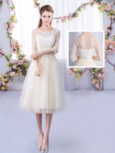 Sexy Champagne Damas Dress Wedding Party with Lace Scoop Half Sleeves Lace Up