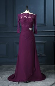 Column/Sheath Sleeveless Purple Prom Evening Gown Brush Train Zipper