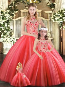 Tulle Sleeveless Floor Length Sweet 16 Dresses and Embroidery