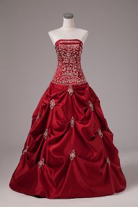 Decent Wine Red Lace Up 15 Quinceanera Dress Embroidery and Pick Ups Sleeveless Floor Length