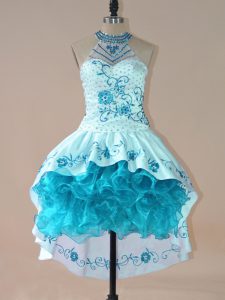 High Low Aqua Blue Homecoming Dress Satin and Organza Sleeveless Embroidery and Ruffles