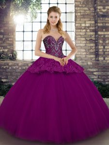 Sumptuous Fuchsia Ball Gowns Beading and Appliques Sweet 16 Dresses Lace Up Tulle Sleeveless Floor Length
