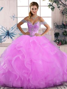 Sleeveless Floor Length Beading and Ruffles Lace Up Ball Gown Prom Dress with Lilac