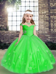 Eye-catching Sleeveless Lace Up Floor Length Beading and Hand Made Flower Little Girl Pageant Dress