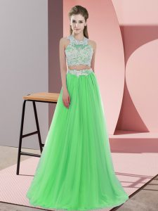 Green Sleeveless Floor Length Lace Zipper Dama Dress