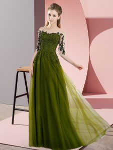 Affordable Floor Length Olive Green Damas Dress Chiffon Half Sleeves Beading and Lace