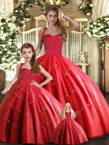 Discount Floor Length Red Sweet 16 Dresses Tulle Sleeveless Appliques