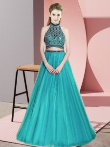 Exquisite Sleeveless Floor Length Beading Backless Homecoming Party Dress with Teal