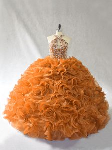 Super Brush Train Ball Gowns Ball Gown Prom Dress Orange and Brown Halter Top Organza Sleeveless Lace Up