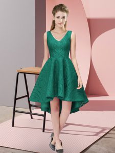 Exceptional Sleeveless High Low Lace Zipper Bridesmaid Dress with Peacock Green