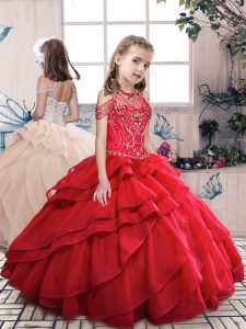Sweet Ball Gowns Little Girls Pageant Gowns Red Halter Top Organza Sleeveless Floor Length Lace Up