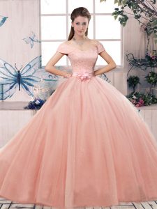 Deluxe Pink Quinceanera Gowns Military Ball and Sweet 16 and Quinceanera with Lace and Hand Made Flower Off The Shoulder Short Sleeves Lace Up