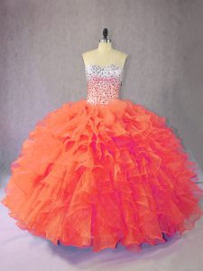 Charming Floor Length Orange Sweet 16 Dress Organza Sleeveless Beading and Ruffles
