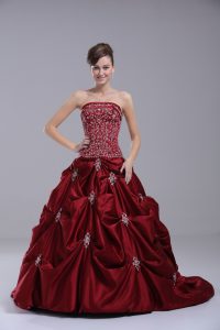 Wine Red Ball Gown Prom Dress Sweet 16 and Quinceanera with Embroidery and Pick Ups Strapless Sleeveless Brush Train Lace Up