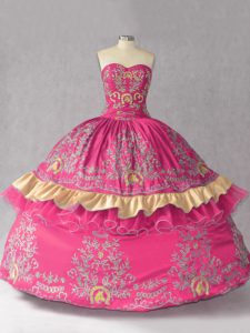 Stunning Sleeveless Satin and Organza Lace Up Ball Gown Prom Dress in Hot Pink with Embroidery