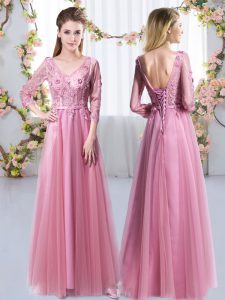 Artistic Empire Bridesmaids Dress Pink V-neck Tulle 3 4 Length Sleeve Floor Length Lace Up
