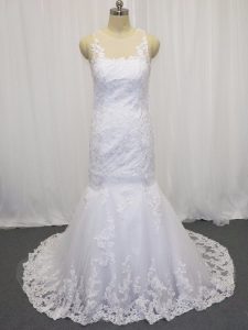 Cute White Scoop Neckline Lace Wedding Gown Sleeveless Side Zipper