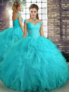 Aqua Blue Off The Shoulder Lace Up Beading and Ruffles Ball Gown Prom Dress Sleeveless