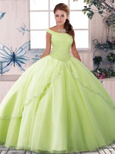 Off The Shoulder Sleeveless Quinceanera Dress Brush Train Beading Yellow Green Tulle